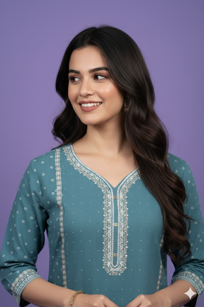 Blue V Neck Cotton Kurta