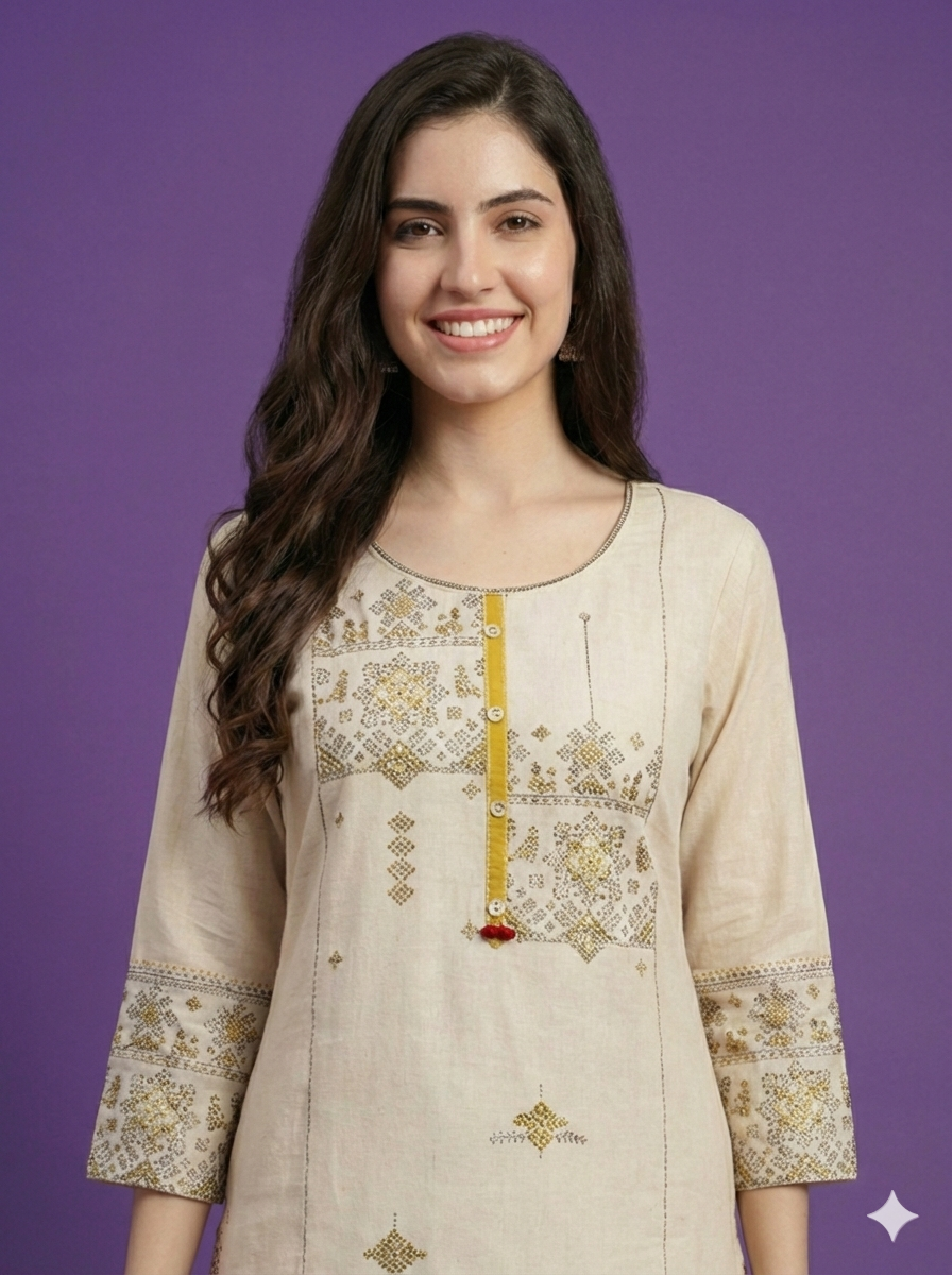 Ivory Round Neck Cotton Kurta