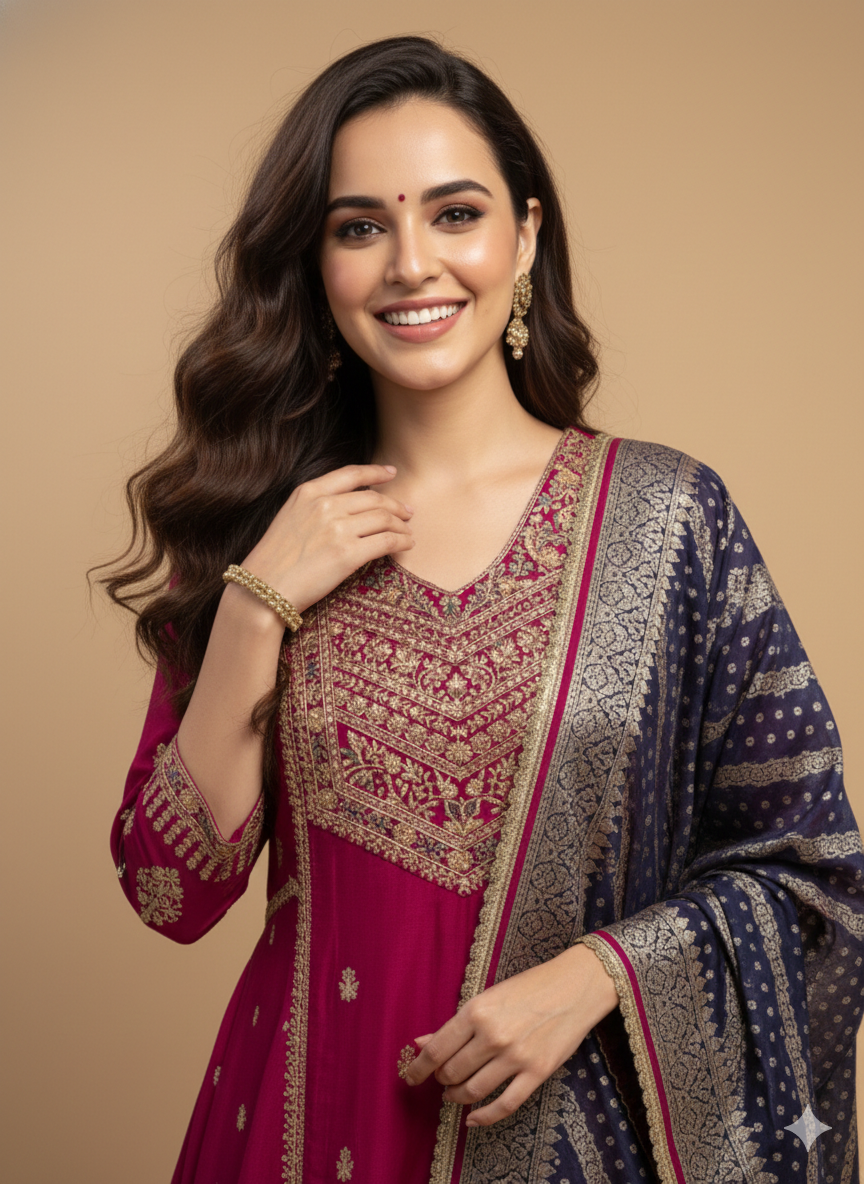 Pink V Neck Silk Kurta Set with Dupatta