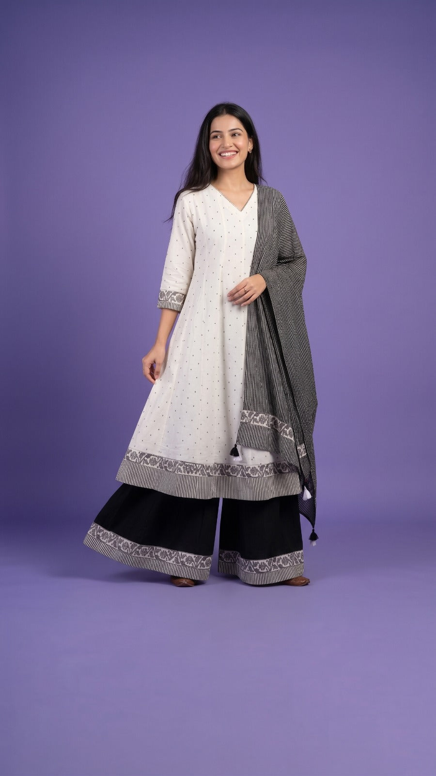 White V Neck Cotton Linen Kurta Set with Dupatta