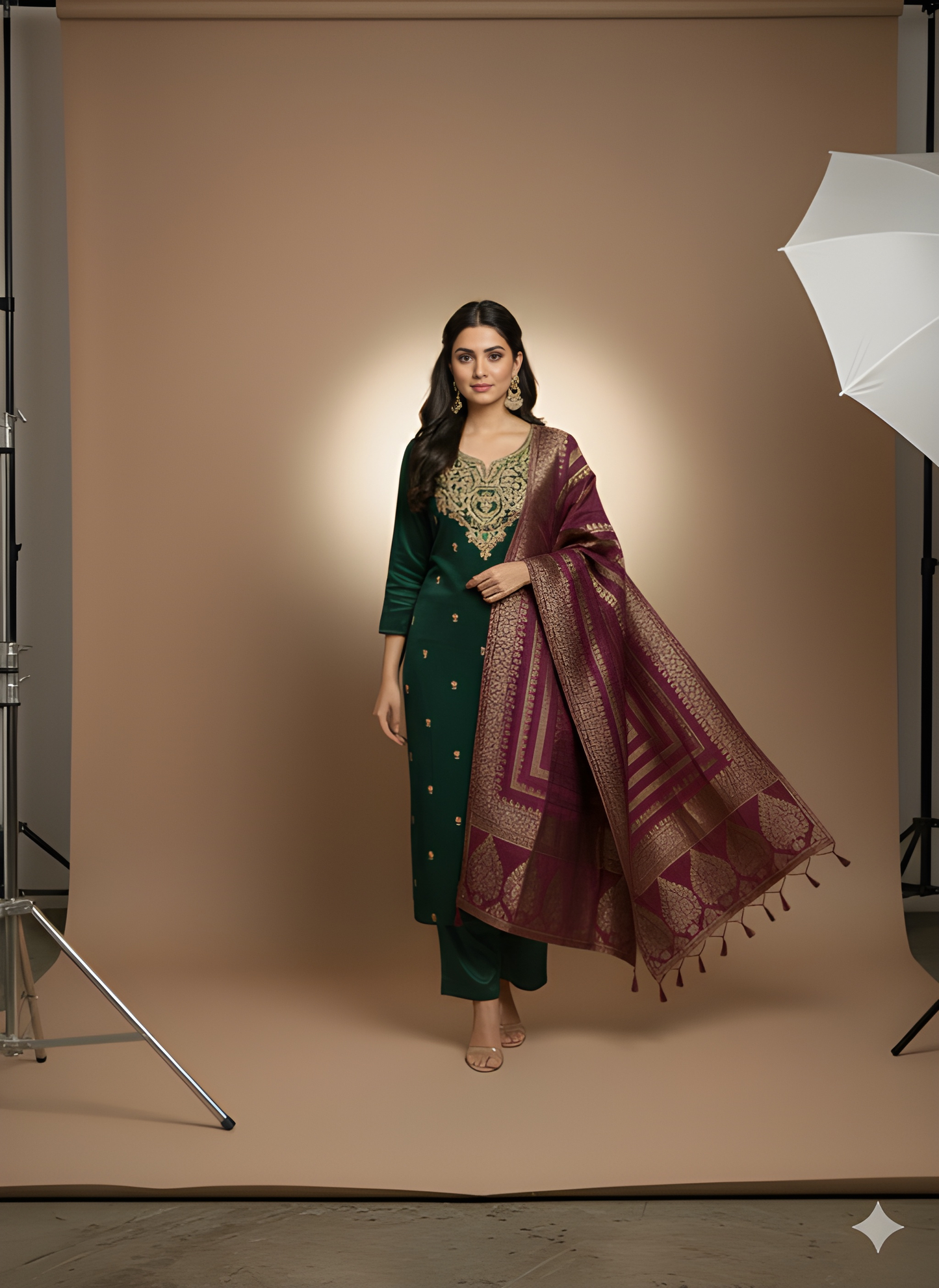 Green Round V Neck Gazi Silk Kurta Set with Dupatta