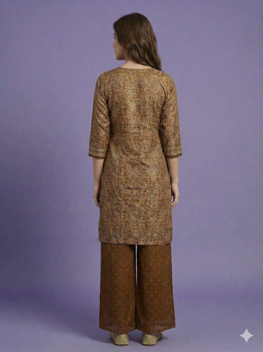 Brown Round V Neck Silk Kurta