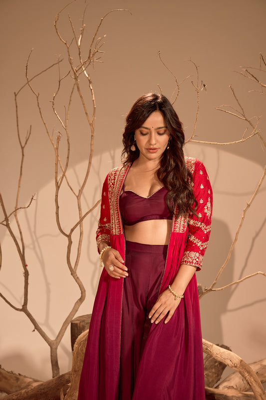 Pink V Neck Silk 2PCS Set with Shrug