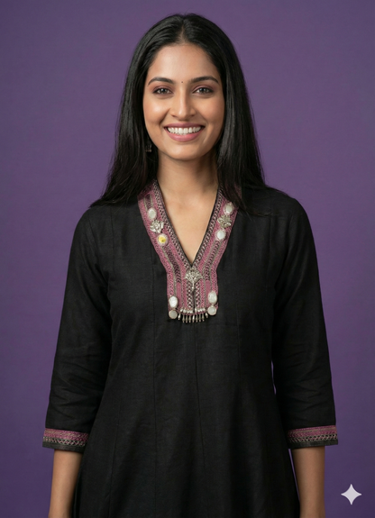 Black V Neck Silk Kurta Set