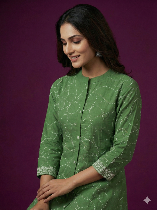 Green Mandarin Cotton Kurta