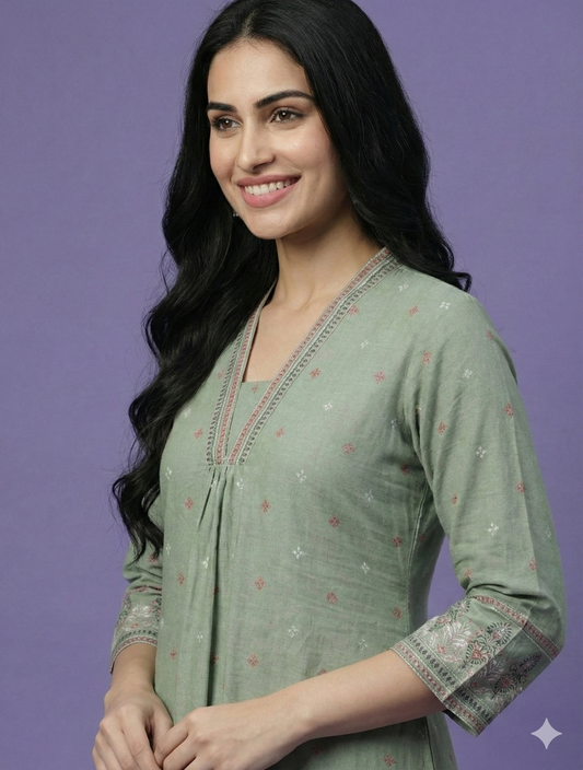 Green V Neck Cotton Kurta