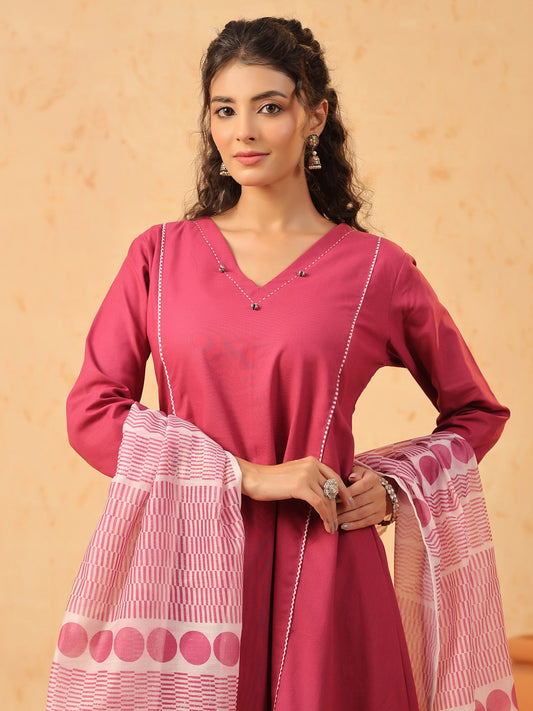 Pink V Neck Cotton Kurta Set with Dupatta
