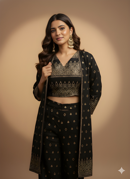 Black V Neck Silk 3PCS Set