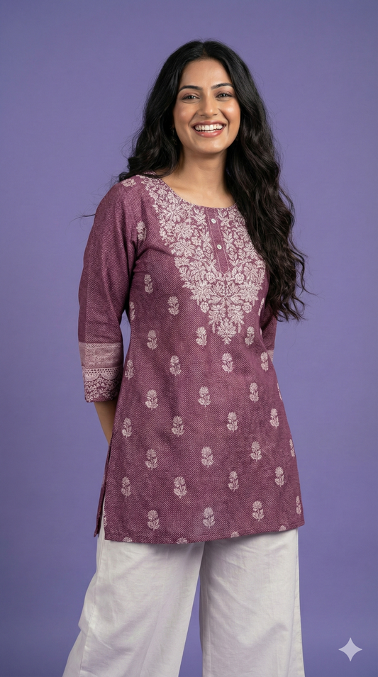 Purple Round Neck Cotton Short Kurta