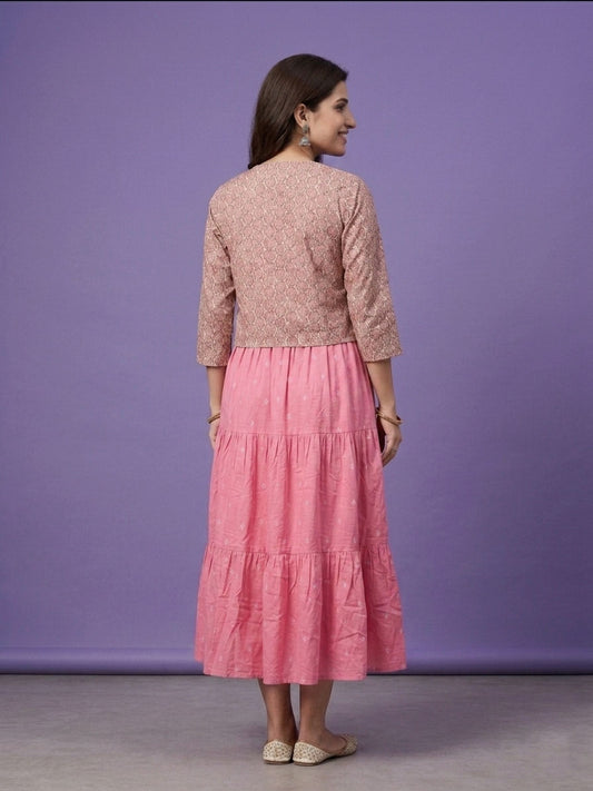 Pink Round Neck Cotton Linen Gown With Crop Jacket
