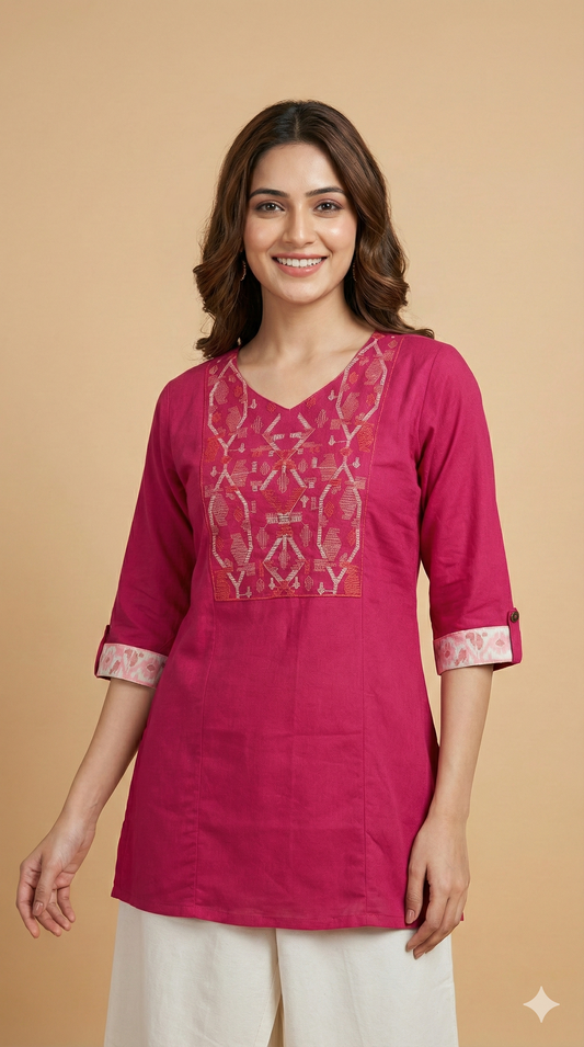 Pink Round V neck Cotton Short Kurta