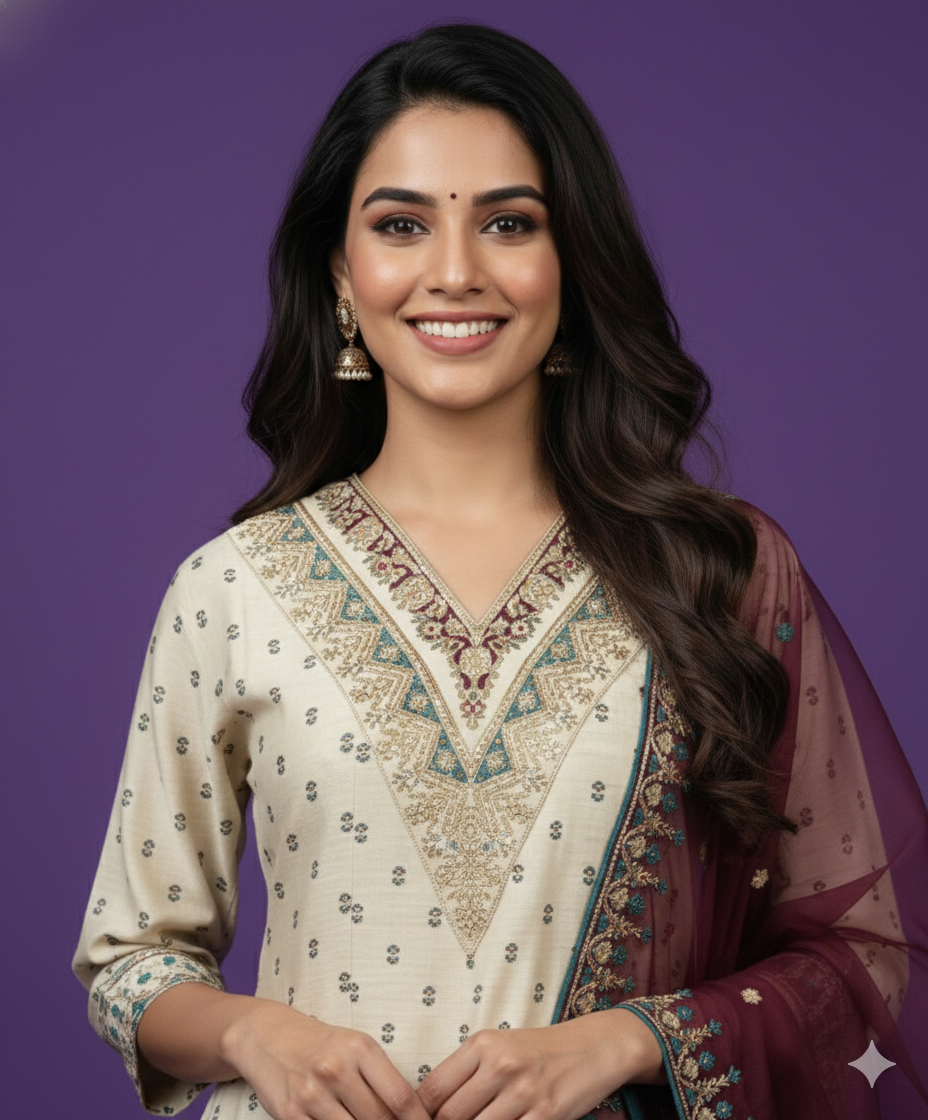 Ivory V Neck Silk Kurta Set with Dupatta