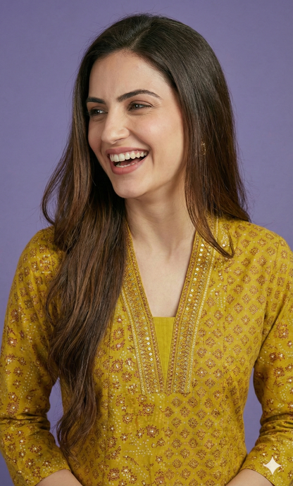 Yellow Deep-V Cotton Kurta Set with Dupatta