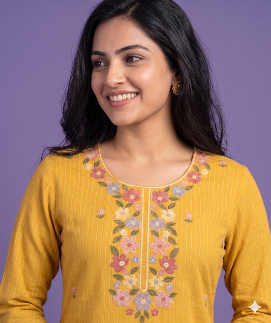Yellow Round V Neck Cotton Cord Set
