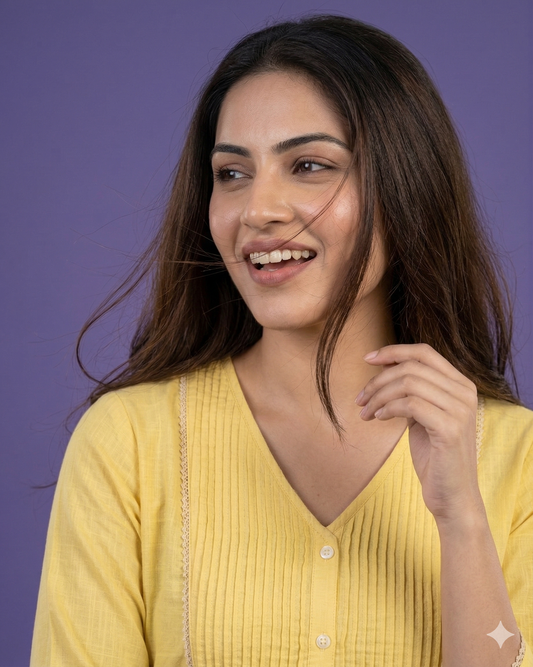 Yellow V Neck Cotton Short Kurta