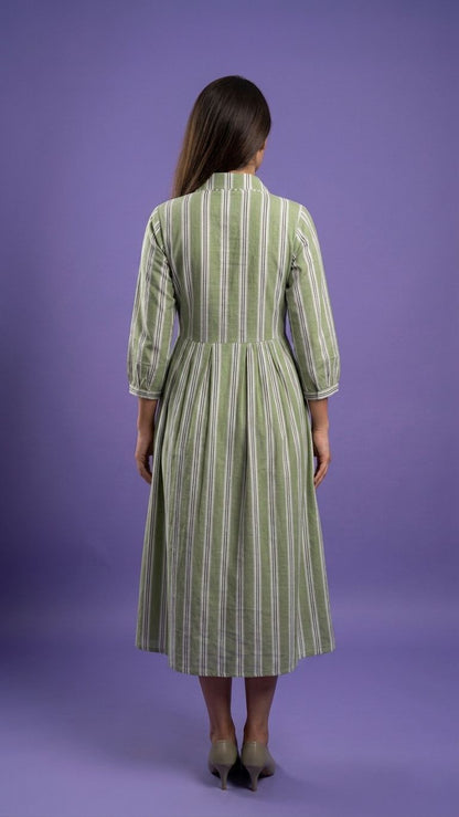 Green Deep V Neck Cotton Striped Kurta