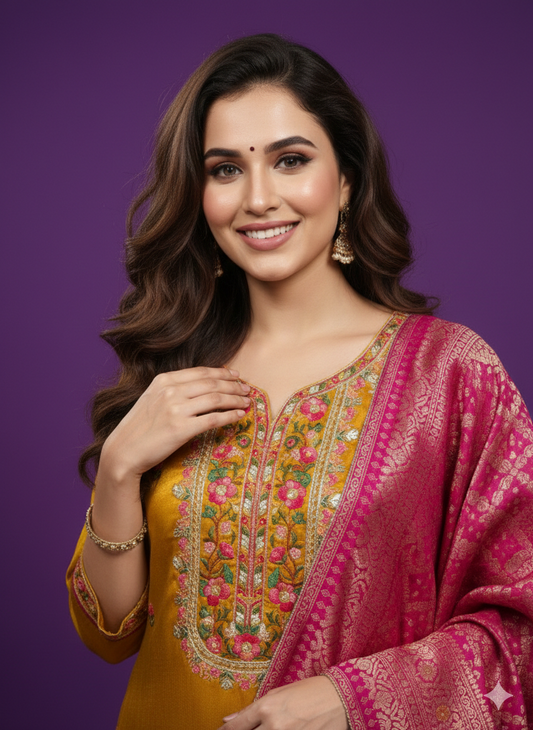 Yellow V-Neck Gaji Silk Kurta Set with Dupatta