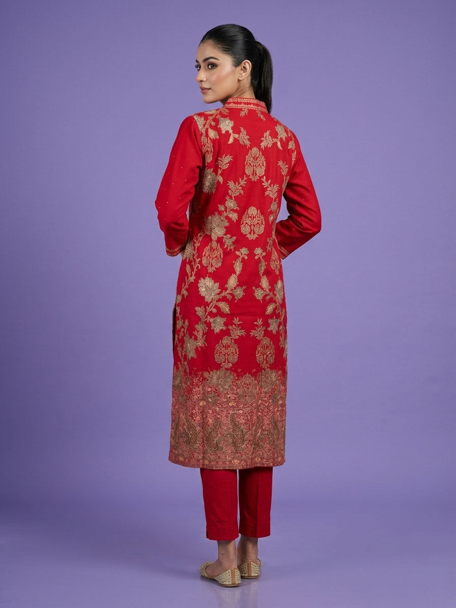 Red High V Neck Viscose Cord Set