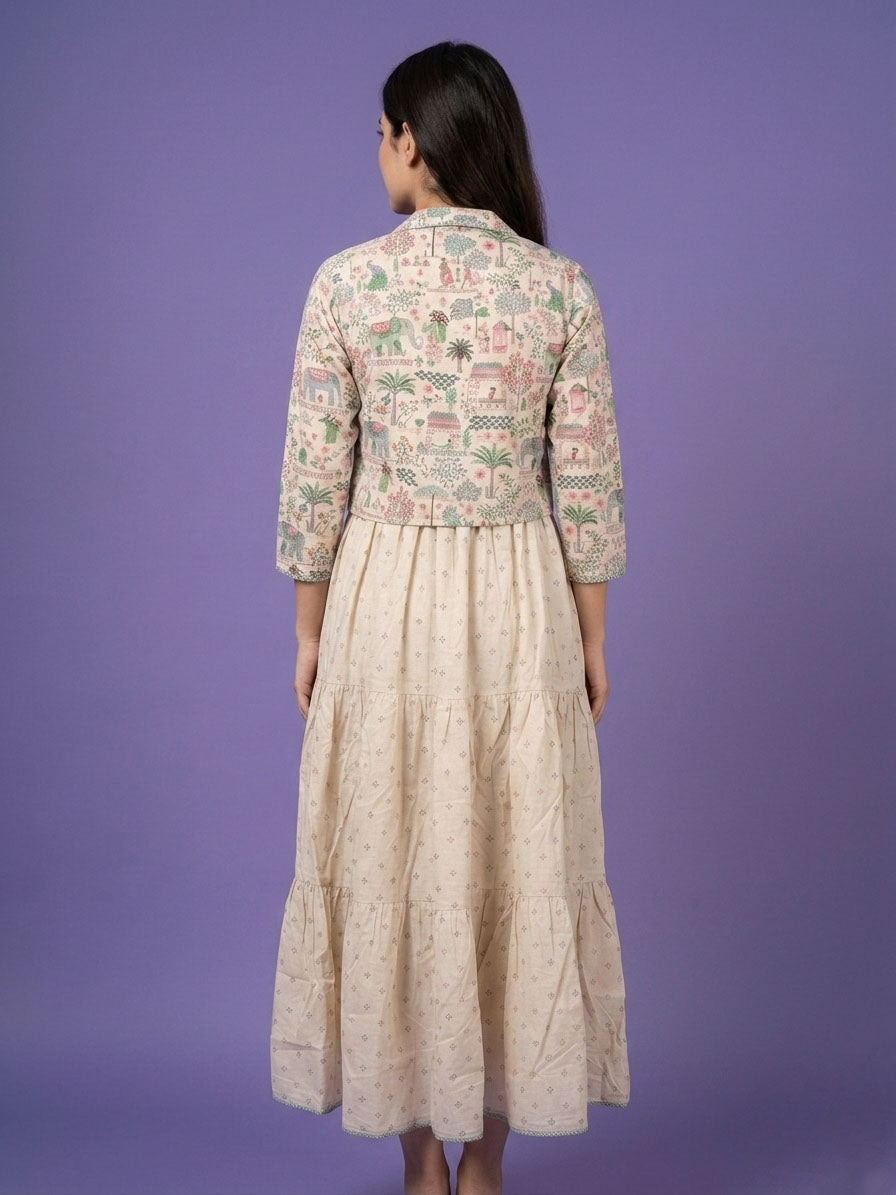 White Round Neck Cotton Linen Gown With Crop Jacket