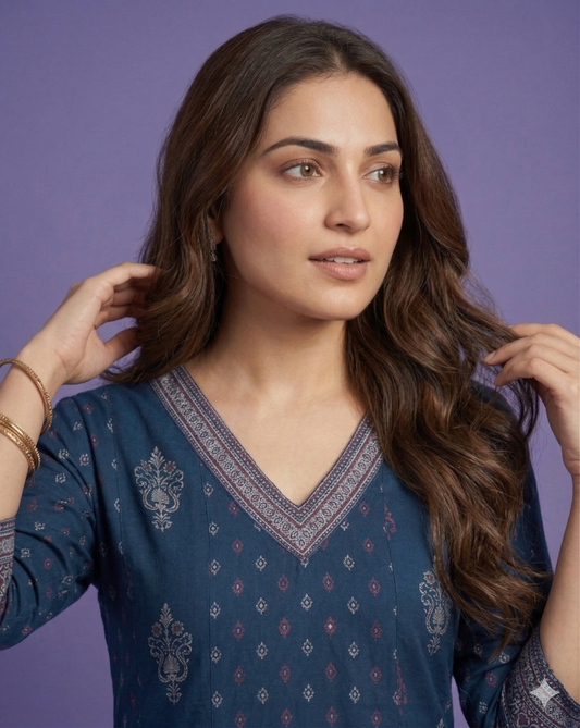 Blue V Neck Cotton Kurta