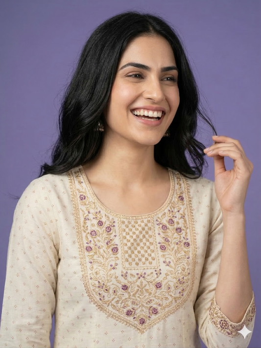 Ivory Round Neck Silk Kurta