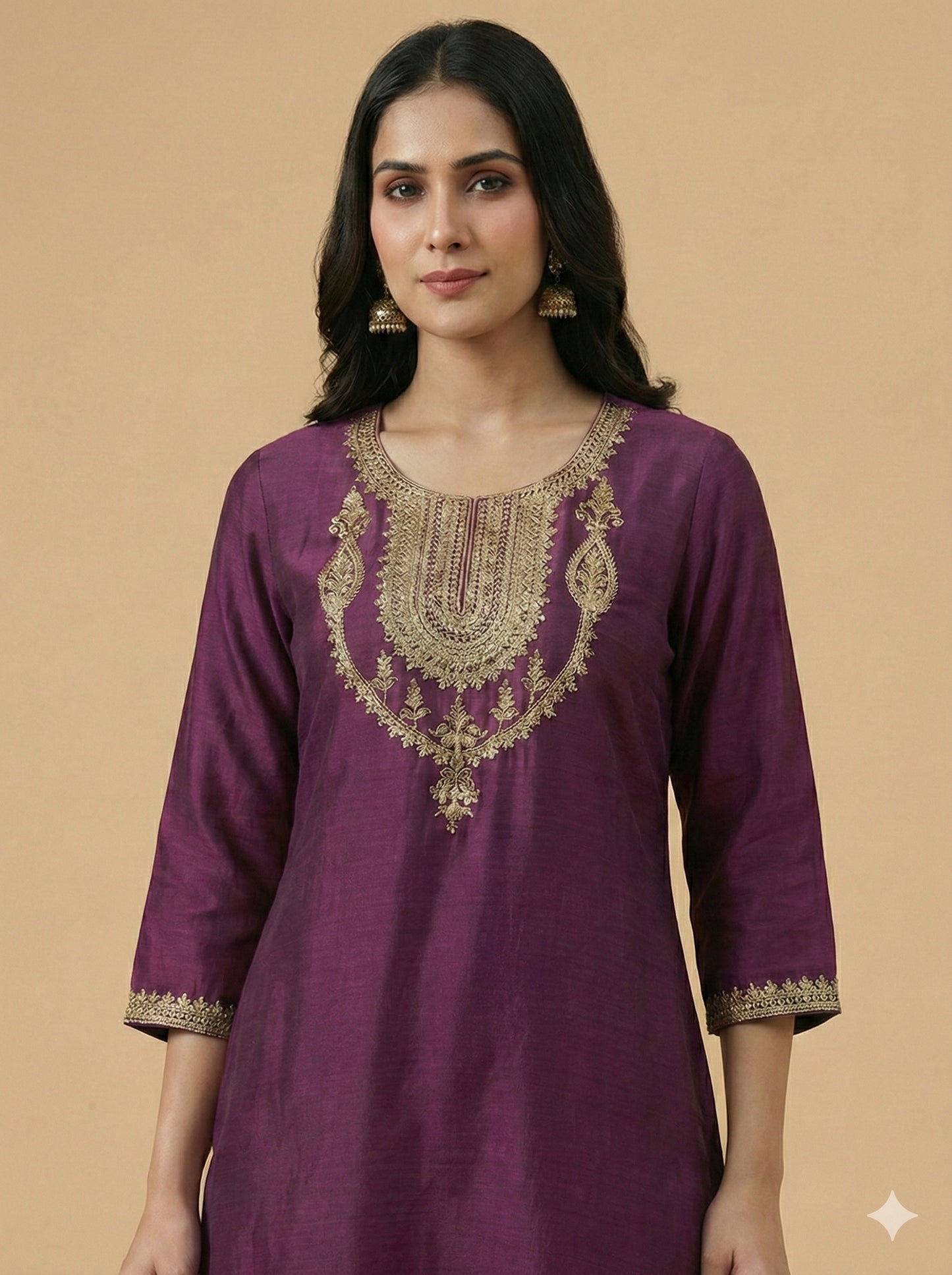 Purple Round Neck Silk Kurta Set with Dupatta