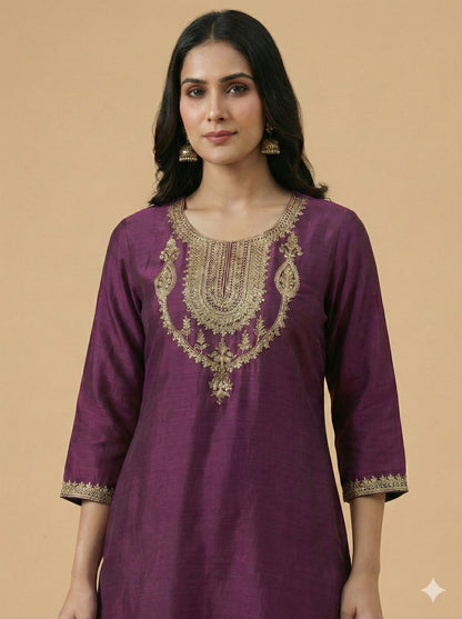 Purple Round Neck Silk Kurta Set with Dupatta