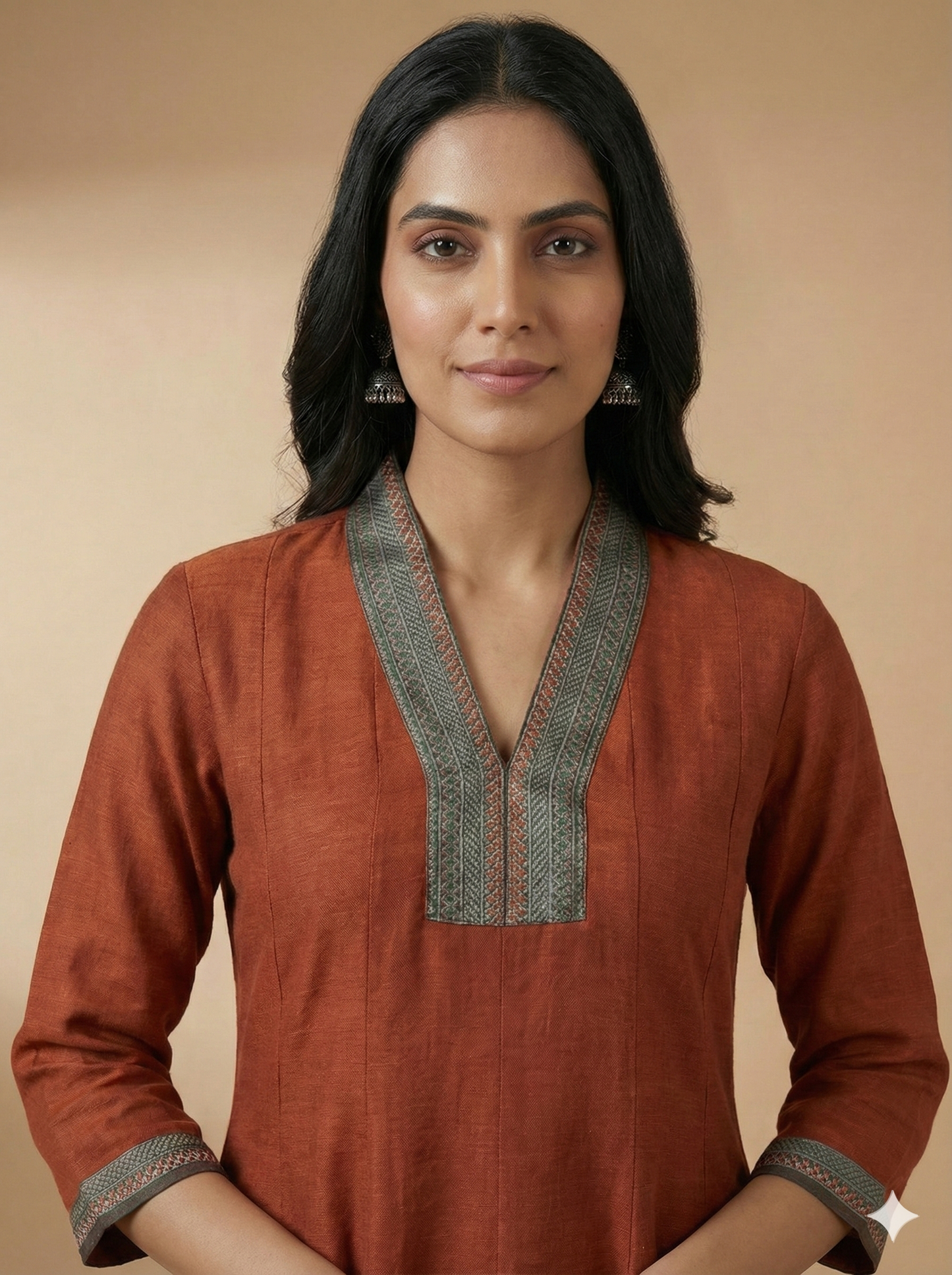 Brown V Neck Silk Kurta Set