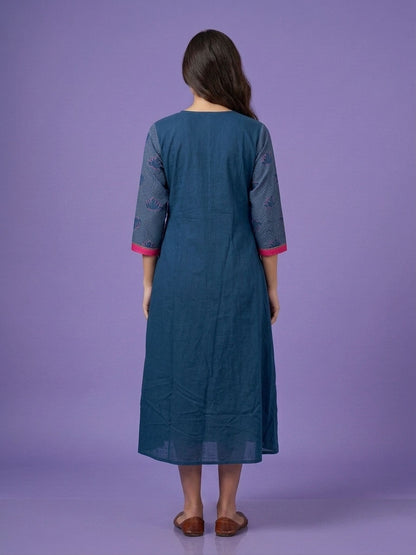 Blue V Neck Cotton Linen Kurta
