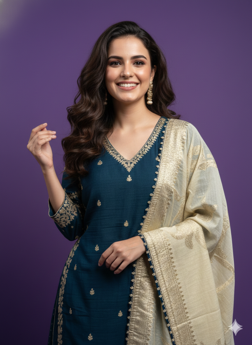 Blue V Neck Viscose 2PCS Set