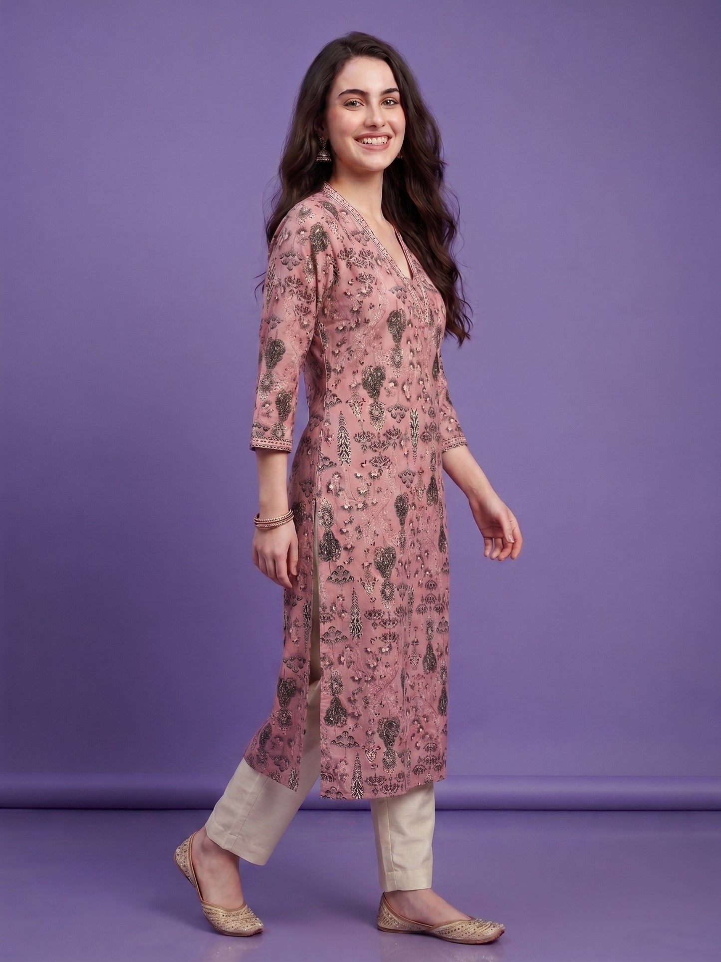 Pink V Neck Cotton Kurta