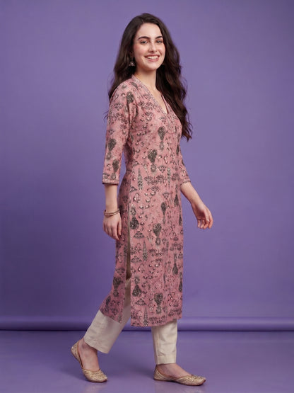 Pink V Neck Cotton Kurta