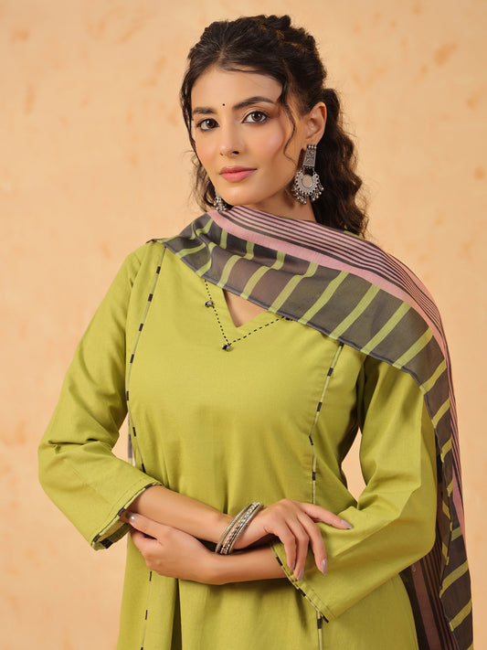 Green V Neck Cotton Kurta Set with Dupatta