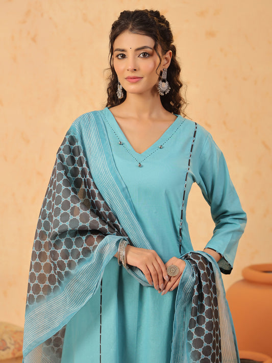 Green V Neck Cotton Kurta Set with Dupatta