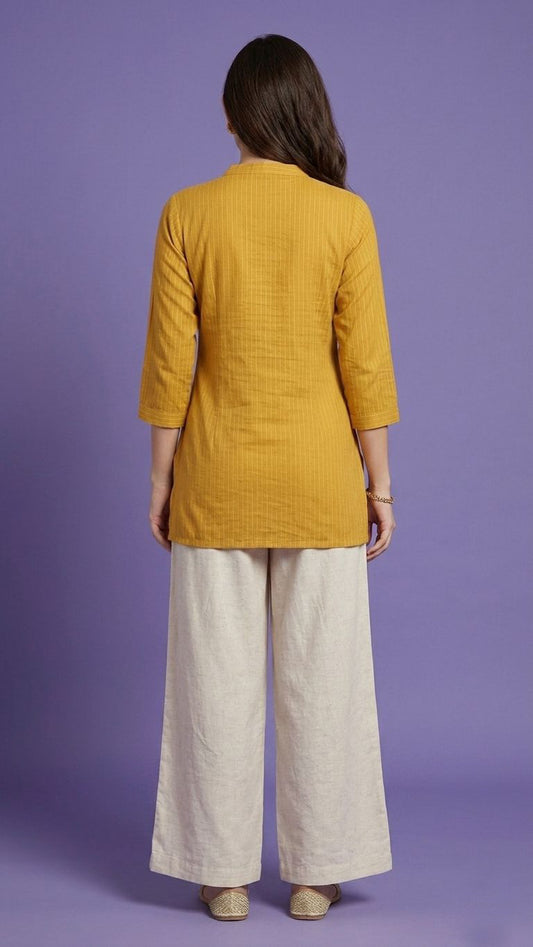 Yellow Mandarin Neck Cotton Short Kurta