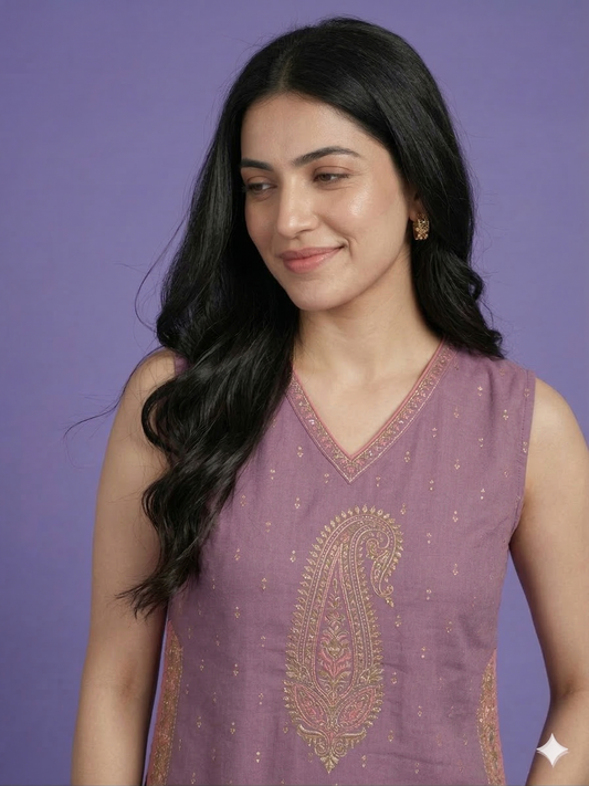 Purple V Neck Cotton Cord Set