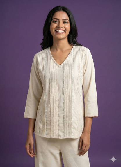 Ivory V Neck Cotton Short Kurta