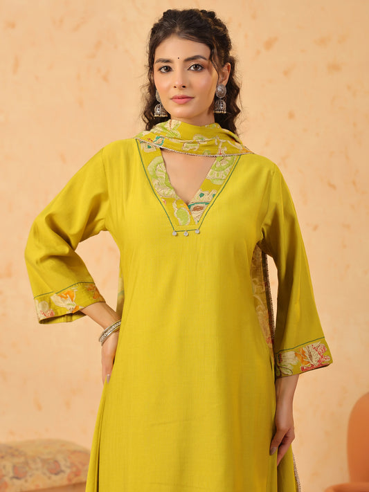 Green V Neck Viscose Kurta Set with Dupatta