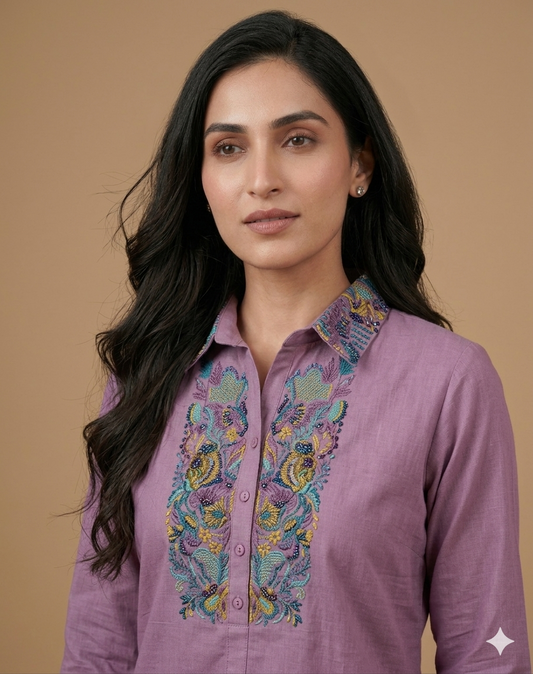 Purple Collard Cotton Short Kurta