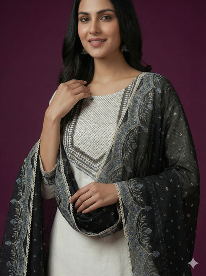 Ivory Round Neck Cotton Kurta Set with Dupatta