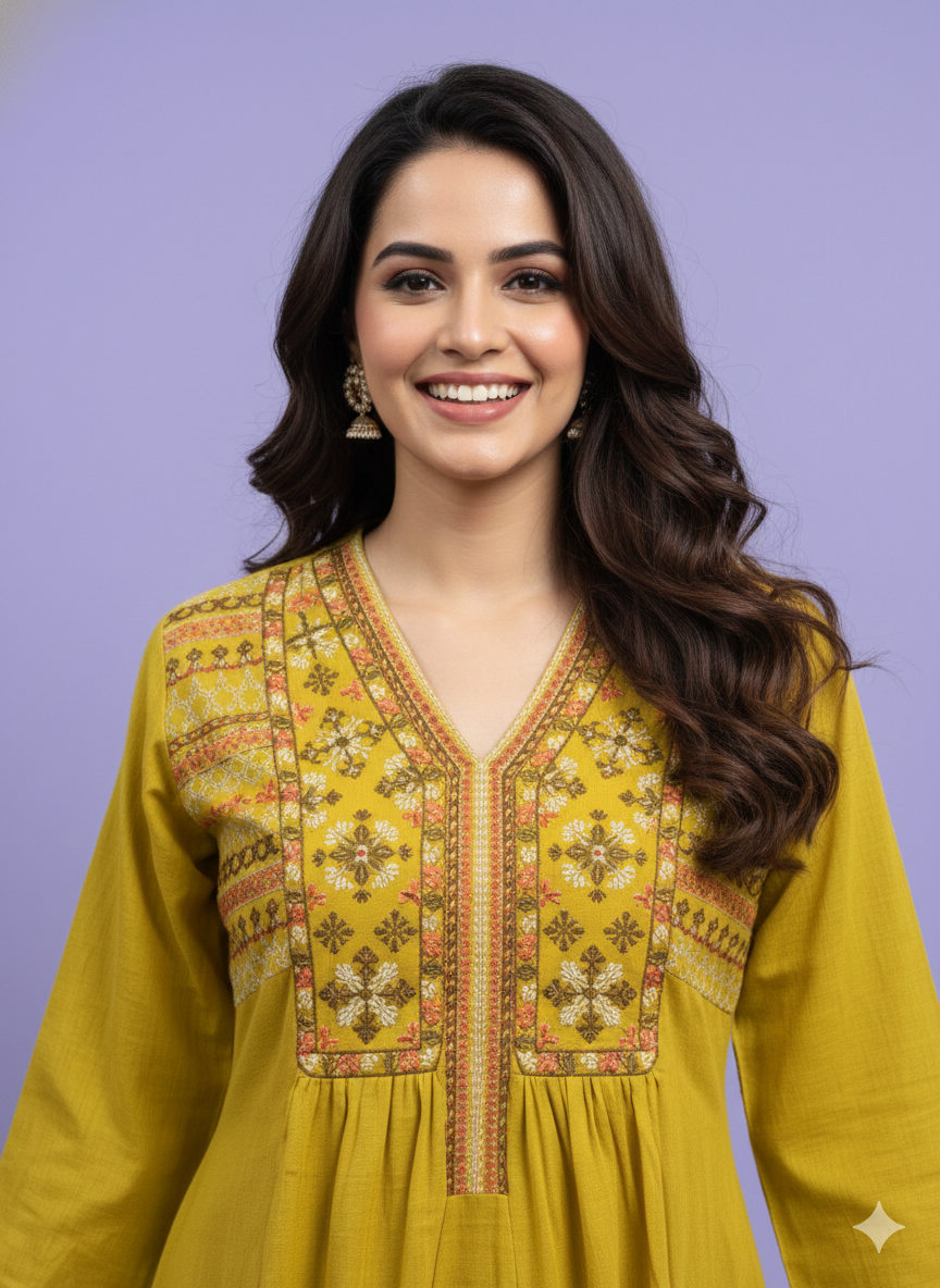 Green V Neck Cotton Kurta