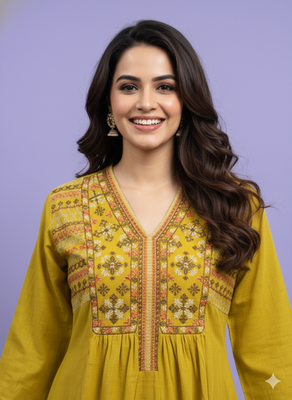 Green V Neck Cotton Kurta