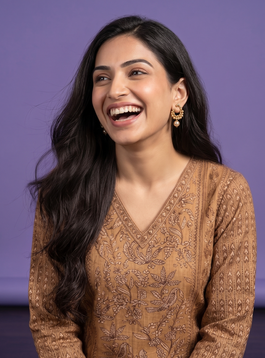 Brown V Neck Cotton Cord Set