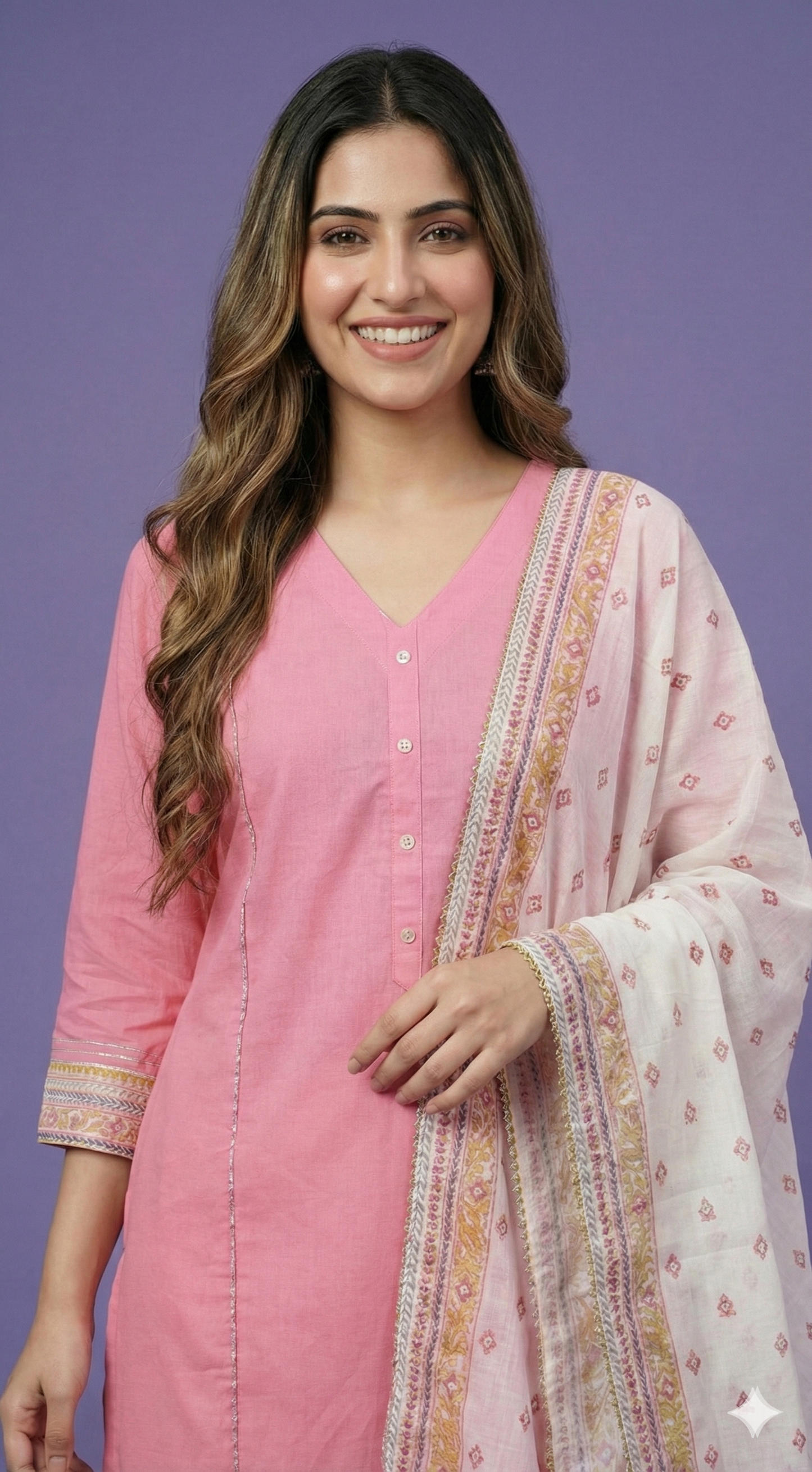 Pink V Neck Cotton Kurta