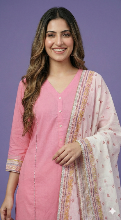 Pink V Neck Cotton Kurta