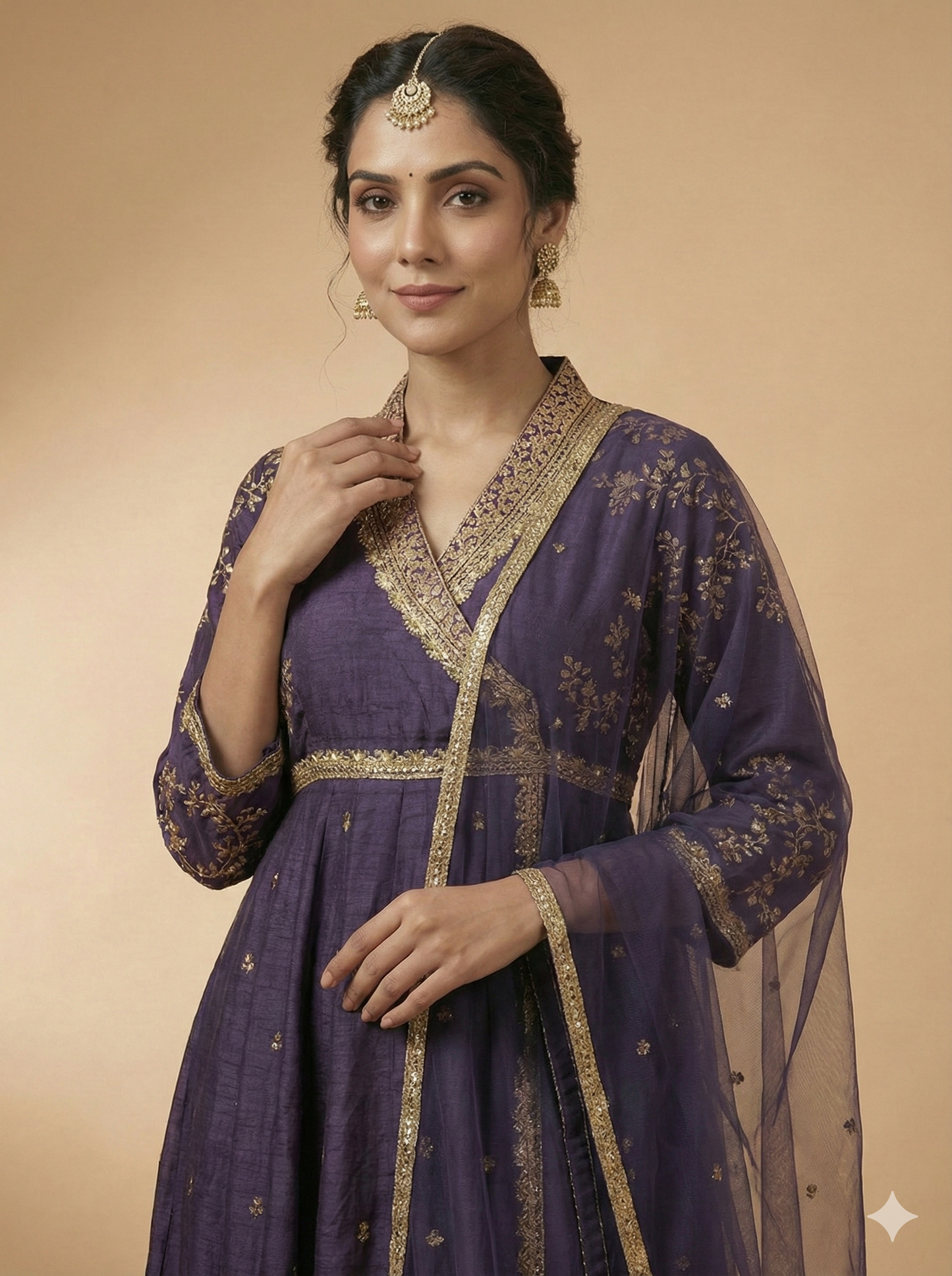 Purple Deep V Neck Viscose Kurta Set with Dupatta
