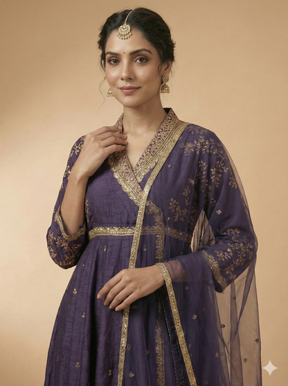 Purple Deep V Neck Viscose Kurta Set with Dupatta