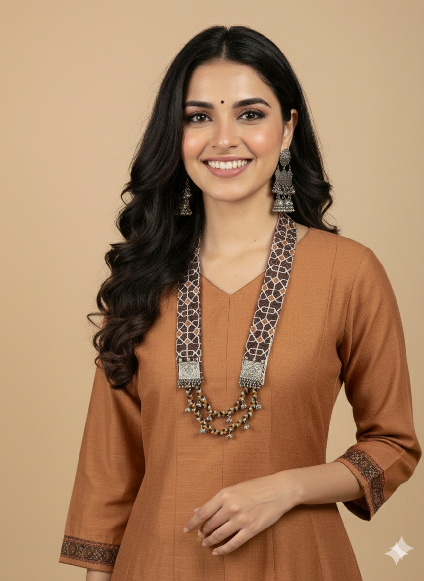 Brown V Neck Silk Kurta Set with Dupatta