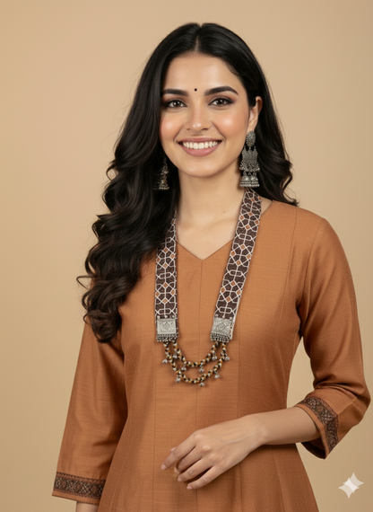 Brown V Neck Silk Kurta Set with Dupatta