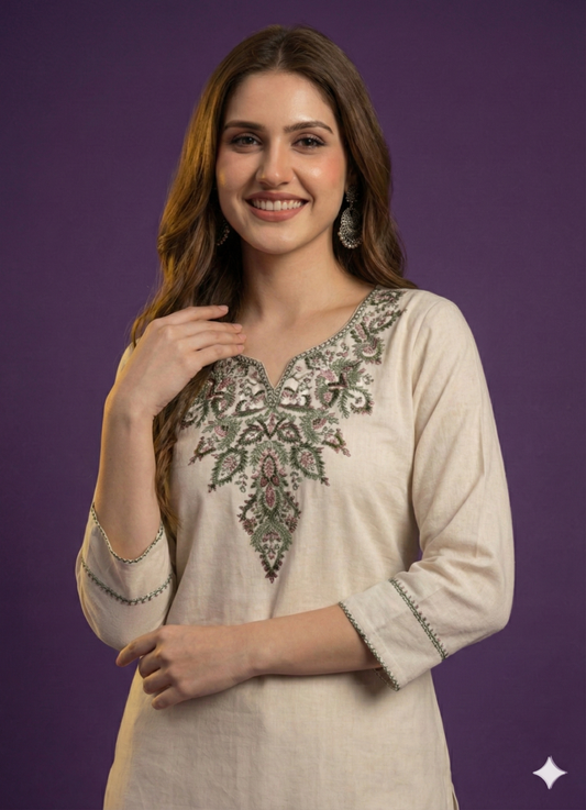 Ivory Round Neck Cotton Kurta